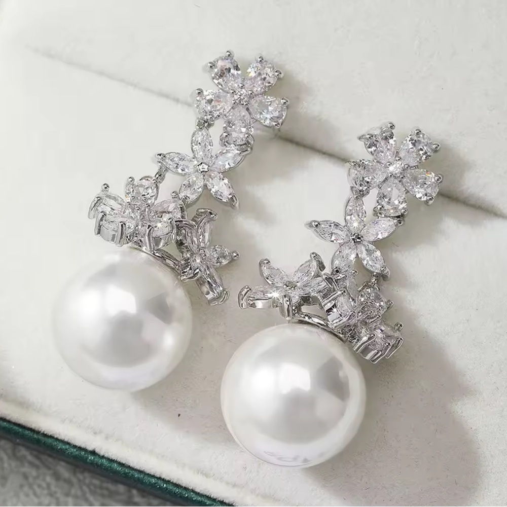 Luxury Flower CZ Pearl Statement Silver Earrings - Picture 2 of 4